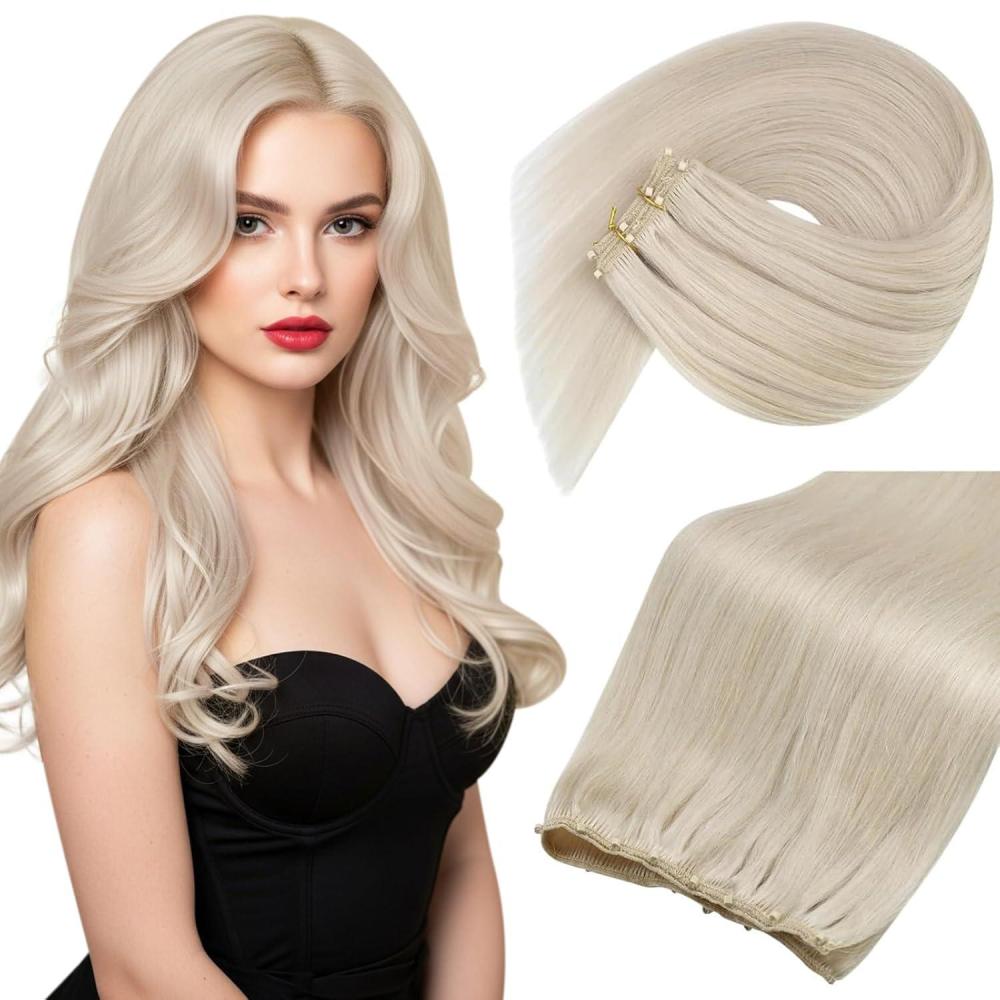 imageSunny Hair Micro Bead Weft Extensions Real Human Hair Ash Blond MicroBeaded Weft Human Hair Extensions Blonde Highlights Bleach Blonde Real Human Hair for Women 20inch 50gB60Blonde