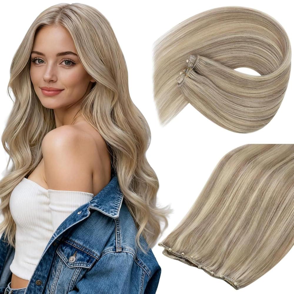 imageSunny Hair Micro Bead Weft Extensions Real Human Hair Ash Blond MicroBeaded Weft Human Hair Extensions Blonde Highlights Bleach Blonde Real Human Hair for Women 20inch 50gCP1622Golden Blonde with Light Blonde