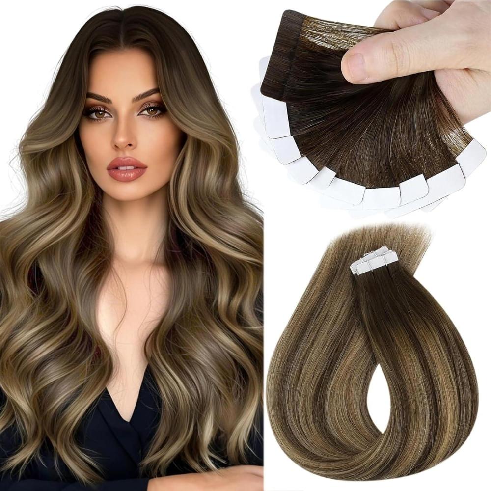 imageSunny Hair Tape in Extensions Dark Brown Balayage Caramel Blonde Tape in Hair Extensions Human Hair 20 inch Tape ins Human Hair Extensions 10Pcs 25g