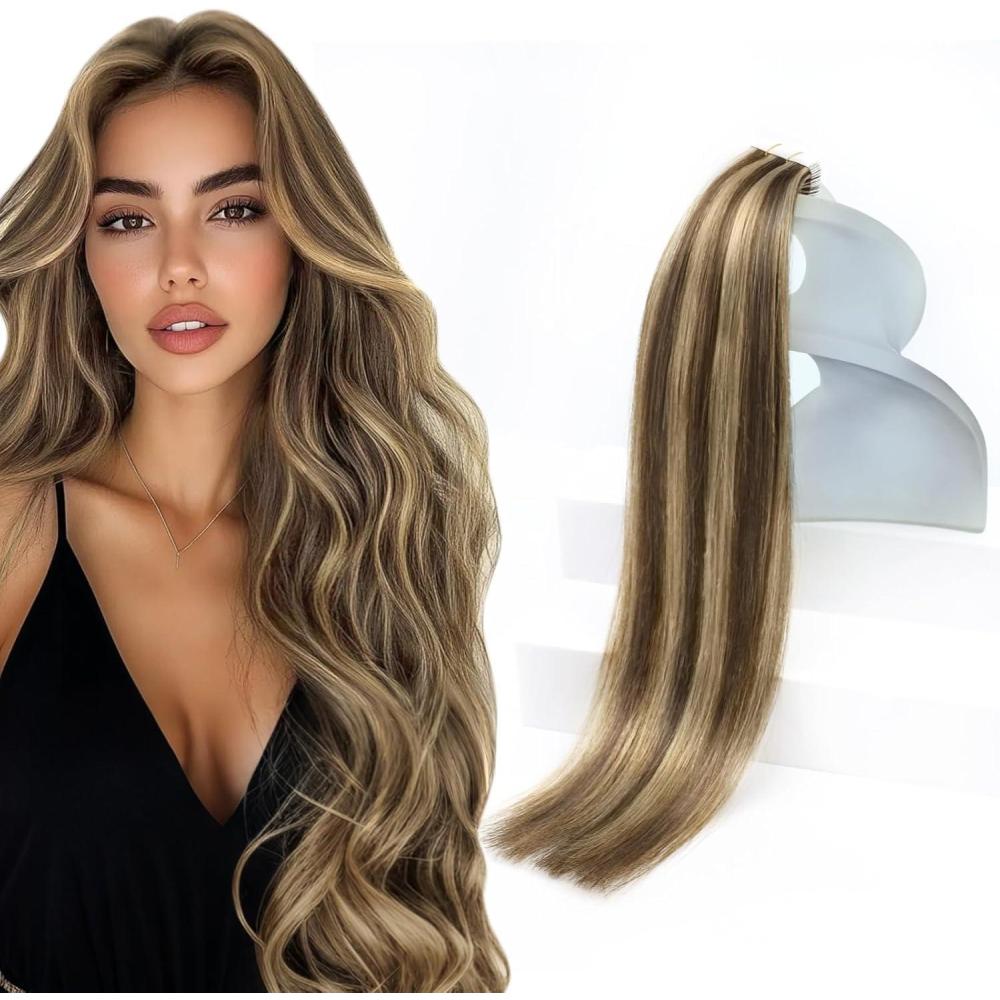 imageSunny Hair Tape in Hair Extensions Human Hair 18 Inch Remy Hair Extensions Tape ins for Women Dark Brown Highlight Caramel Blonde Hair Extensions Real Human Hair Tape Ins 20Pcs 50g