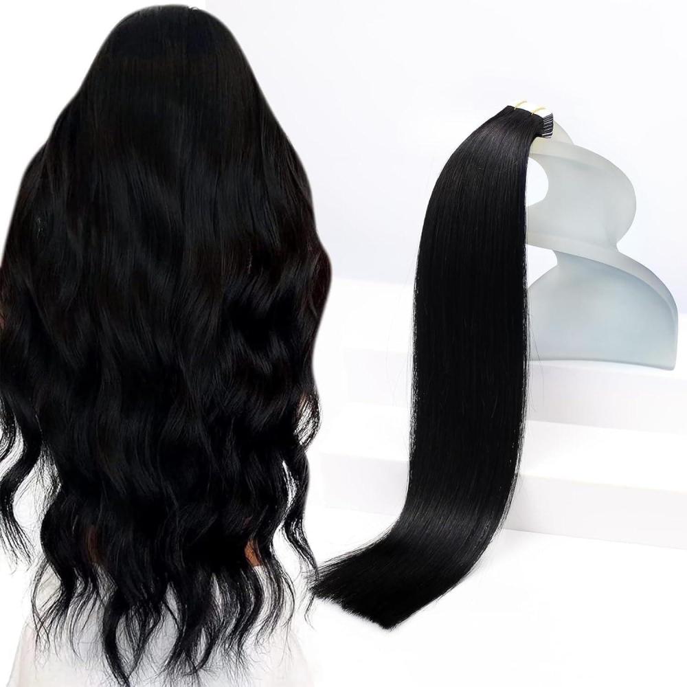 imageSunny Hair Tape in Hair Extensions Human Hair 24inch Hair Extensions Real Human Hair Tape in Extensions Jet Black Tape in Extensions for Women 20Pcs 50g