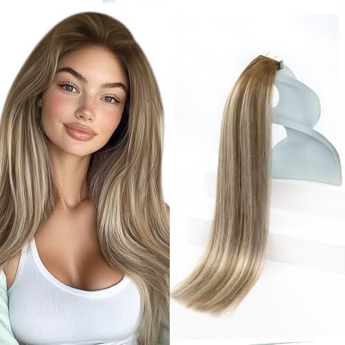 imageSunny Hair Tape in Hair Extensions Medium Brown Balayage Blonde Tape in Hair Extensions Human Hair 20 inch Remy Hair Extensions Tape in 20Pcs 50g