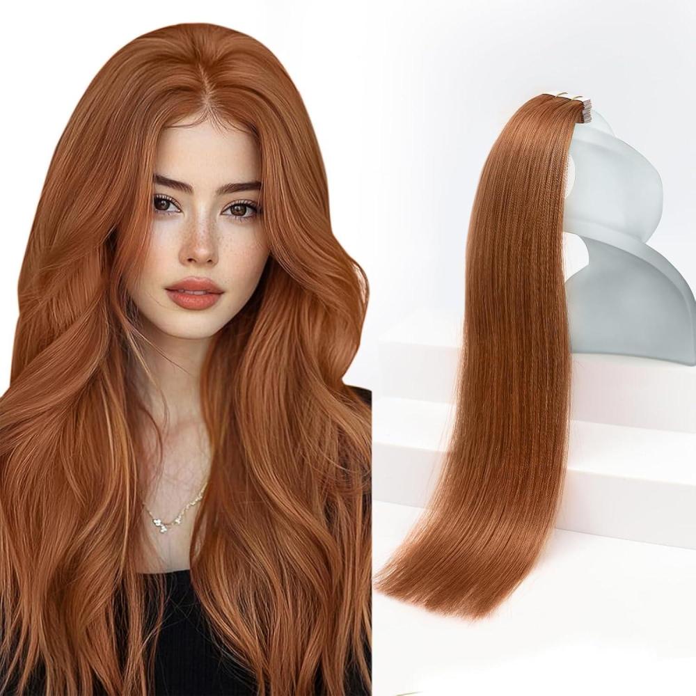 imageSunny Hair Tape in Hair Extensions Real Human Hair Invisible Remy Hair Extensions Tape ins for Women Copper Red 20 inch 20Pcs 50G