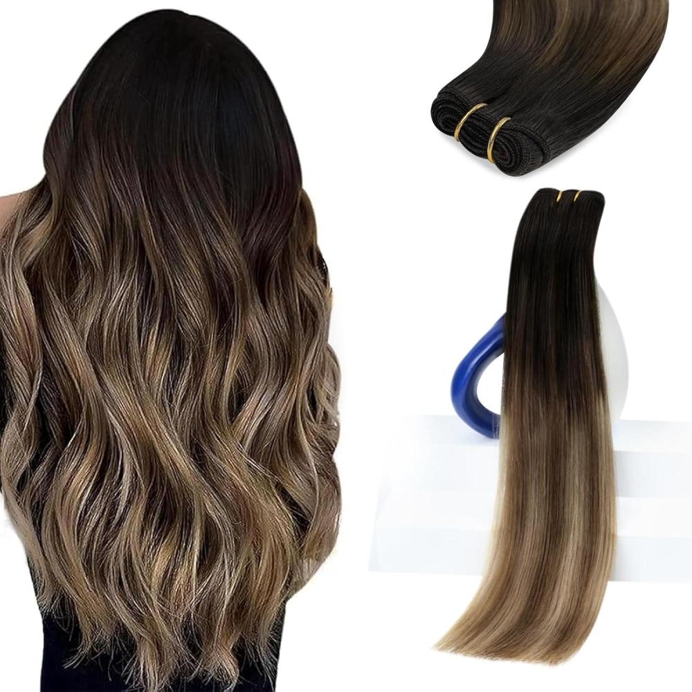 imageSunny Hair Weft Hair Extensions Human Hair 18inch Sew in Hair Extensions Real Human Hair Highlights Human Hair Weft Extensions Dark Brown Mix Caramel Blonde Natural Hair Weft for Women 100gC1B418Black Roots to Brown mix Blonde