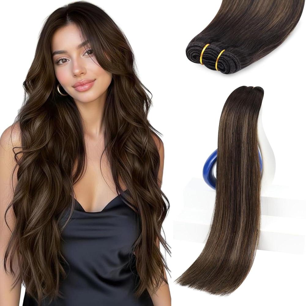 imageSunny Hair Weft Hair Extensions Human Hair 18inch Sew in Hair Extensions Real Human Hair Highlights Human Hair Weft Extensions Dark Brown Mix Caramel Blonde Natural Hair Weft for Women 100gB262Darkest Brown Balayage