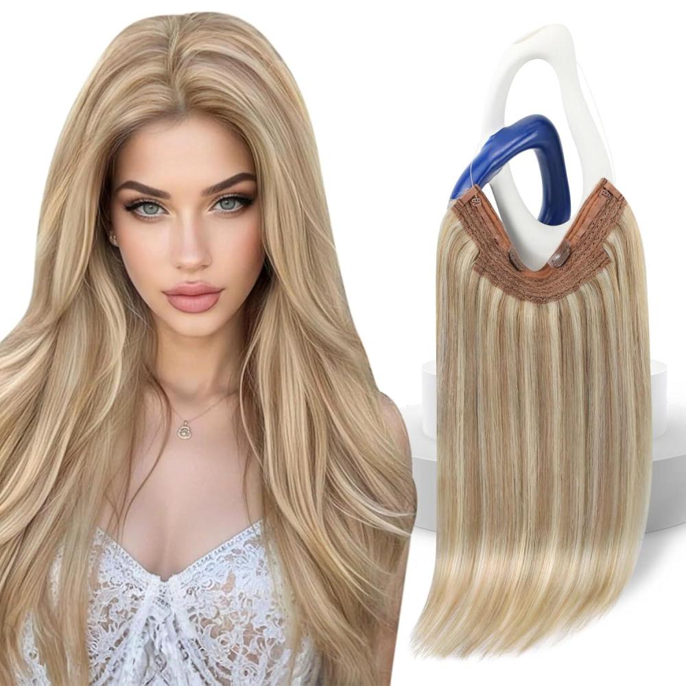 imageSunny Hair Wire Hair Extensions Real Human Hair Fish Line Human Hair Extensions Invisible Wire Extensions Golden Blonde with Medium Blonde Highlights 1622 18 InchB1 18613