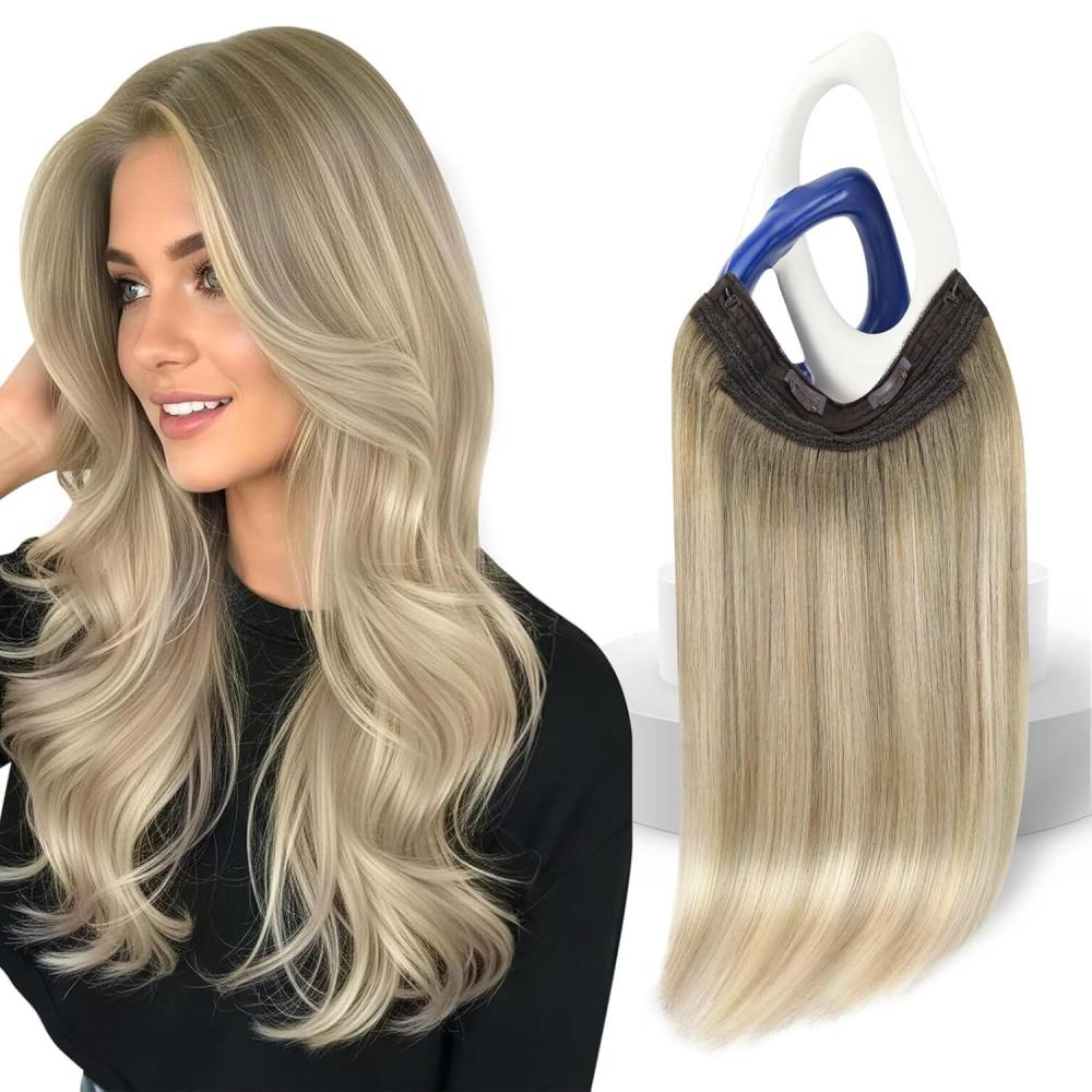 imageSunny Hair Wire Hair Extensions Real Human Hair Fish Line Human Hair Extensions Invisible Wire Extensions Golden Blonde with Medium Blonde Highlights 1622 18 InchC2 186060A