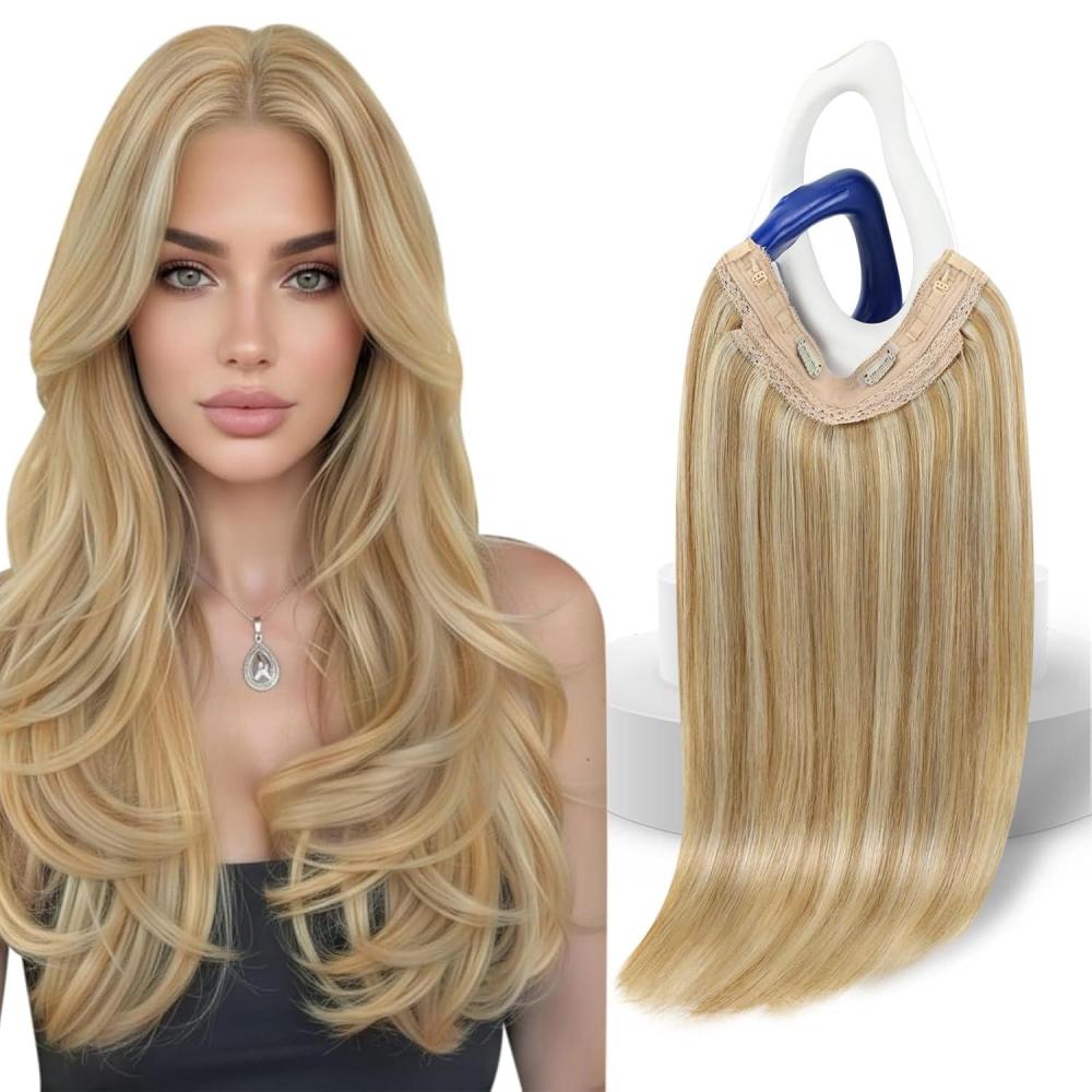 imageSunny Hair Wire Hair Extensions Real Human Hair Fish Line Human Hair Extensions Invisible Wire Extensions Golden Blonde with Medium Blonde Highlights 1622 18 InchA2 27613