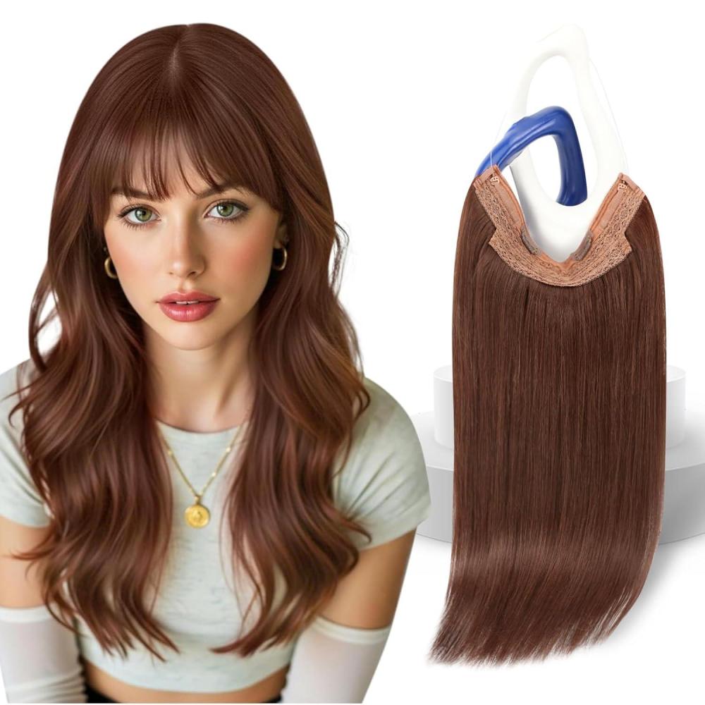 imageSunny Hair Wire Hair Extensions Real Human Hair Fish Line Human Hair Extensions Invisible Wire Extensions Golden Blonde with Medium Blonde Highlights 1622 18 InchB4 33 Auburn