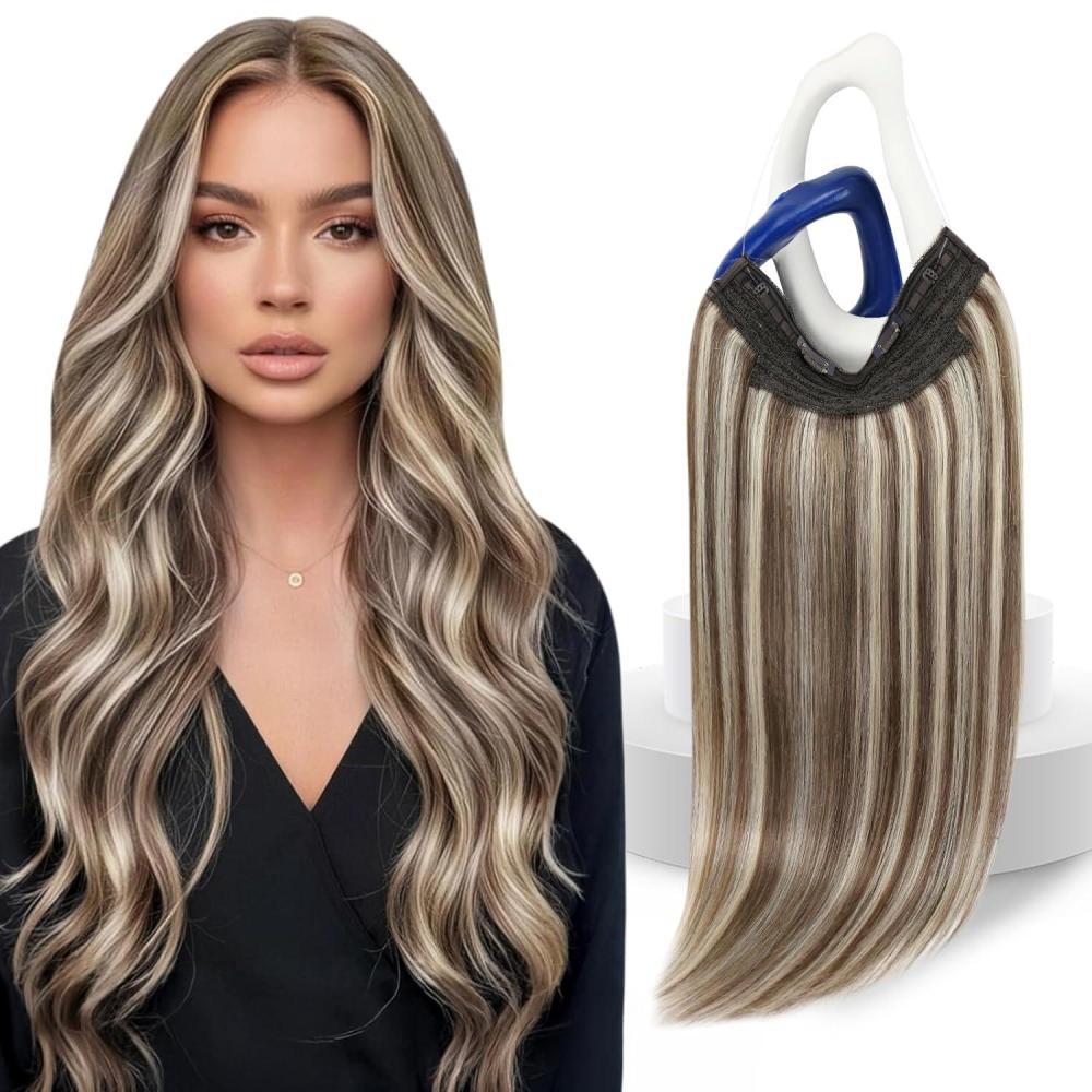 imageSunny Hair Wire Hair Extensions Real Human Hair Fish Line Human Hair Extensions Invisible Wire Extensions Golden Blonde with Medium Blonde Highlights 1622 18 InchC4 P8A60 New