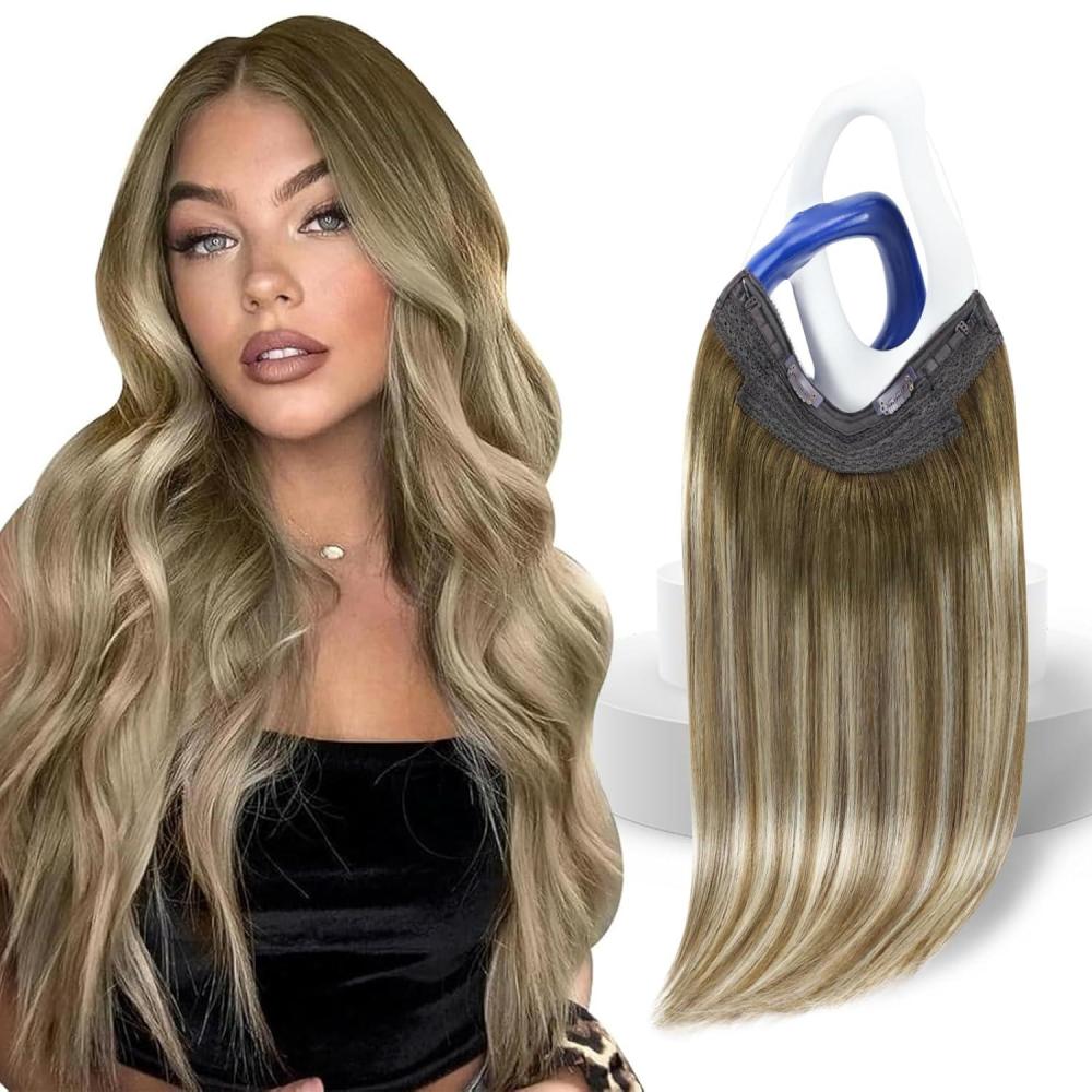imageSunny Hair Wire Hair Extensions Real Human Hair Fish Line Human Hair Extensions Invisible Wire Extensions Golden Blonde with Medium Blonde Highlights 1622 18 InchB1 3822