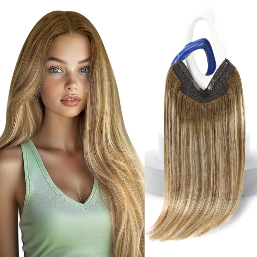 imageSunny Hair Wire Hair Extensions Real Human Hair Fish Line Human Hair Extensions Invisible Wire Extensions Golden Blonde with Medium Blonde Highlights 1622 18 InchB1 6606