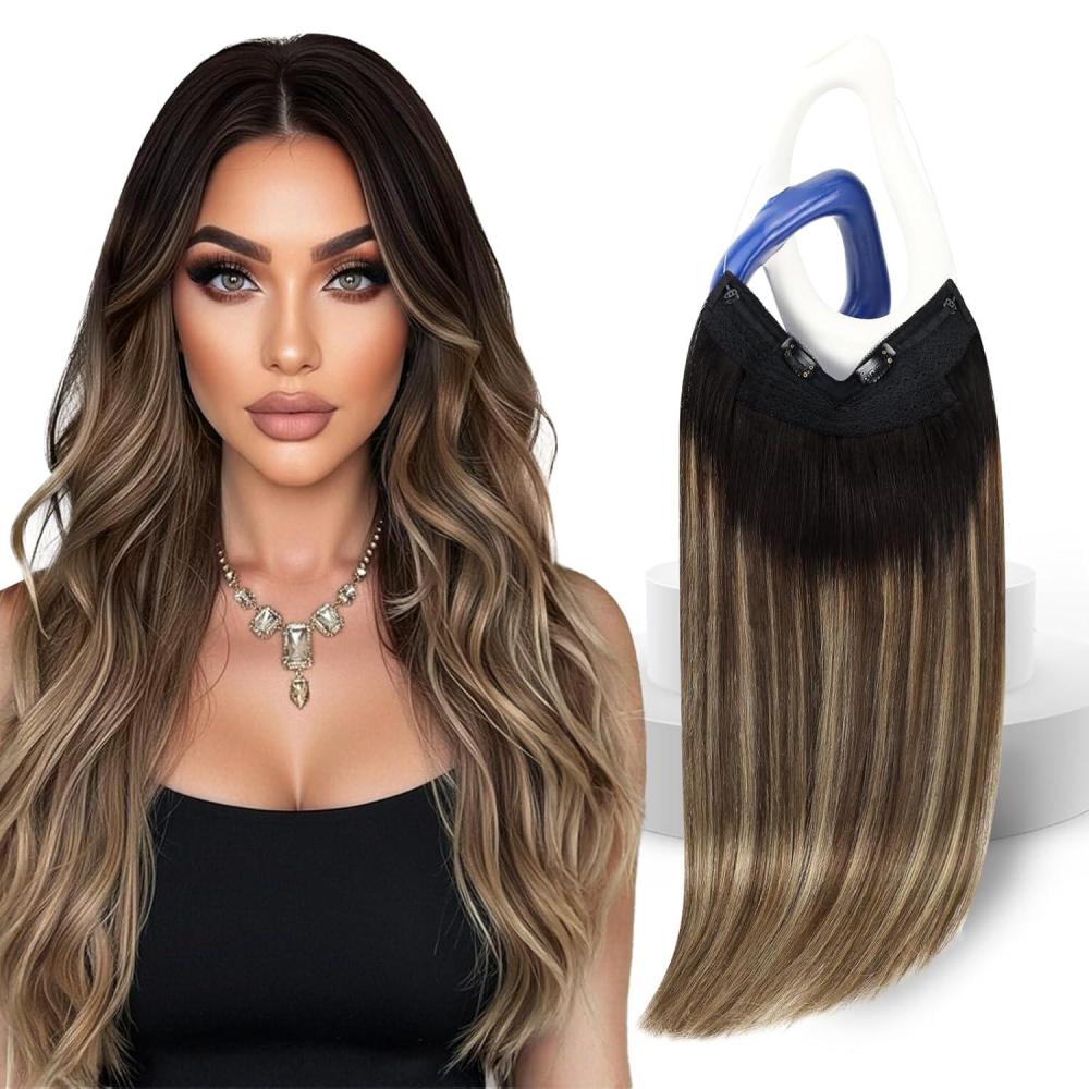 imageSunny Hair Wire Hair Extensions Real Human Hair Fish Line Human Hair Extensions Invisible Wire Extensions Golden Blonde with Medium Blonde Highlights 1622 18 InchC3 1B418 New