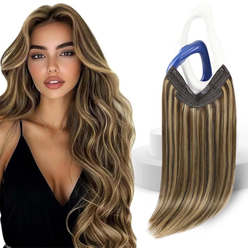 imageSunny Hair Wire Hair Extensions Real Human Hair Fish Line Human Hair Extensions Invisible Wire Extensions Golden Blonde with Medium Blonde Highlights 1622 18 InchB2 P427