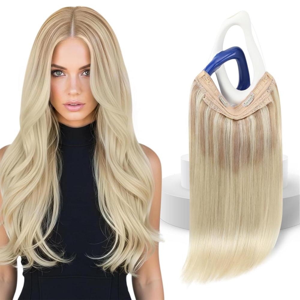 imageSunny Hair Wire Hair Extensions Real Human Hair Fish Line Human Hair Extensions Invisible Wire Extensions Golden Blonde with Medium Blonde Highlights 1622 18 InchC2 182260