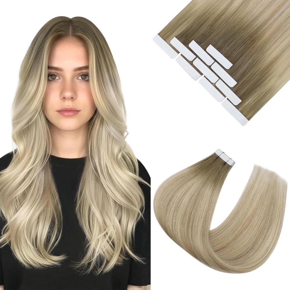 imageVe Sunny Tape in Hair Extensions Real Human Hair Invisible Remy Human Hair Straight Tape Ins Double Sided Cool Brown Ombre Light Brown Balayage Medium Blonde 16 inch 10Pcs 25G1C TapeSun