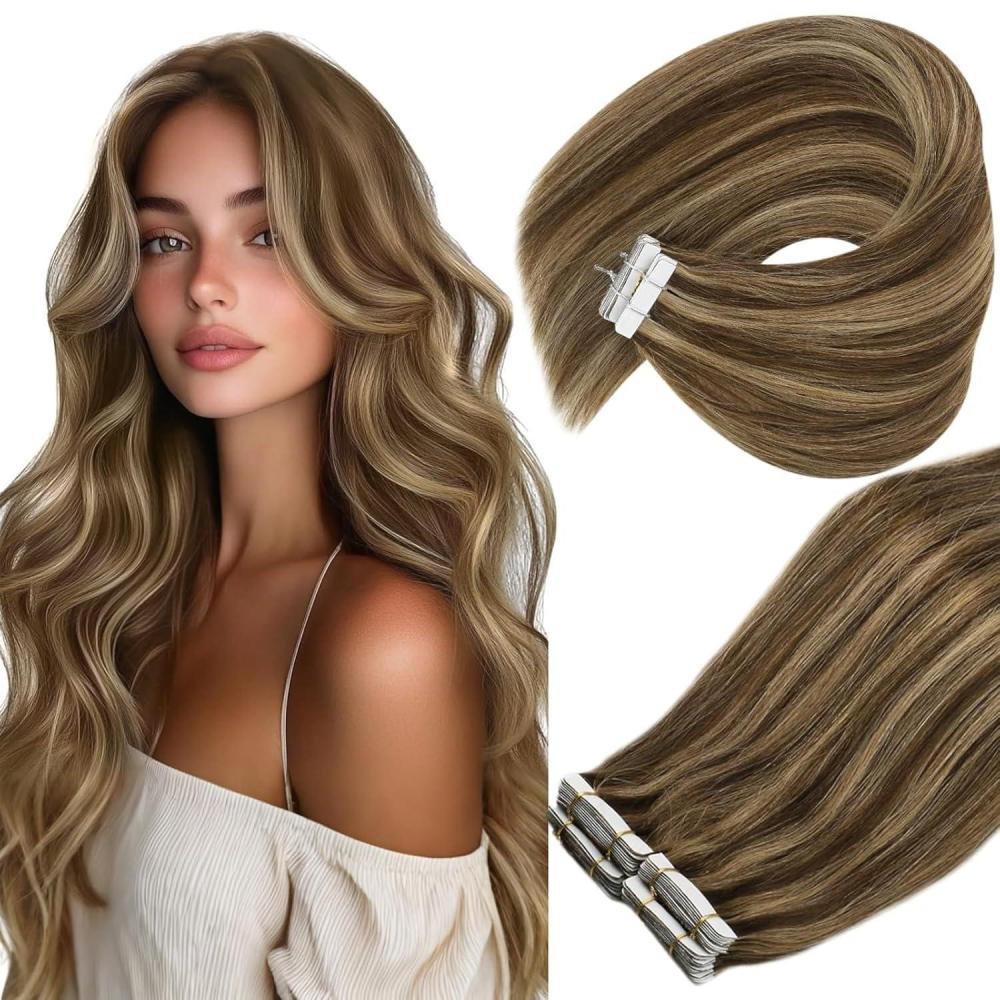 imageVe Sunny Tape in Hair Extensions Real Human Hair Invisible Remy Human Hair Straight Tape Ins Double Sided Cool Brown Ombre Light Brown Balayage Medium Blonde 16 inch 10Pcs 25G1A Tape274