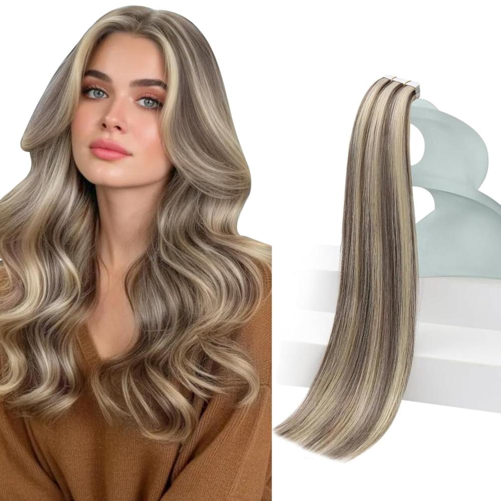 imageVe Sunny Tape in Hair Extensions Real Human Hair Invisible Remy Human Hair Straight Tape Ins Double Sided Cool Brown Ombre Light Brown Balayage Medium Blonde 16 inch 10Pcs 25G1D Tape8AP60
