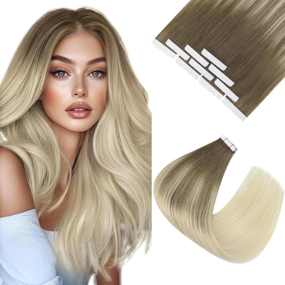 imageVe Sunny Tape in Hair Extensions Real Human Hair Invisible Remy Human Hair Straight Tape Ins Double Sided Cool Brown Ombre Light Brown Balayage Medium Blonde 16 inch 10Pcs 25G1D TapeBALA860