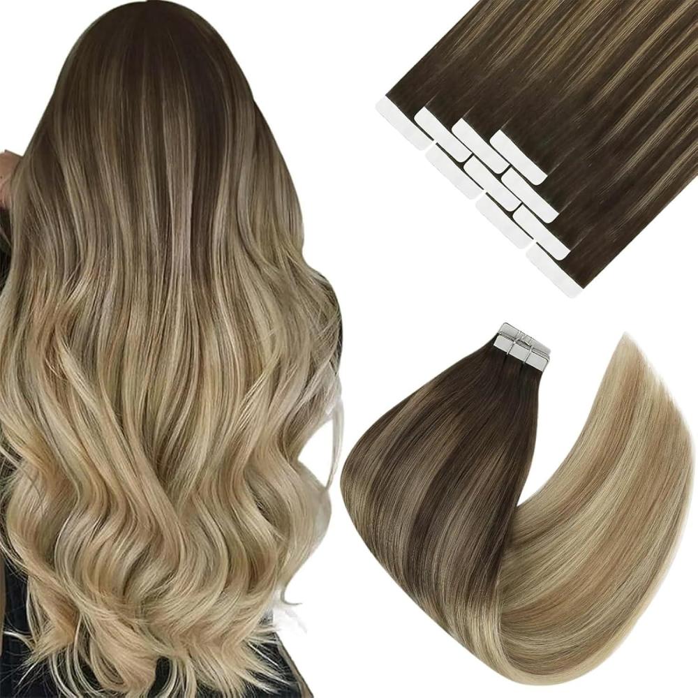 imageVe Sunny Tape in Hair Extensions Real Human Hair Invisible Remy Human Hair Straight Tape Ins Double Sided Cool Brown Ombre Light Brown Balayage Medium Blonde 16 inch 10Pcs 25G1A Tape 41460