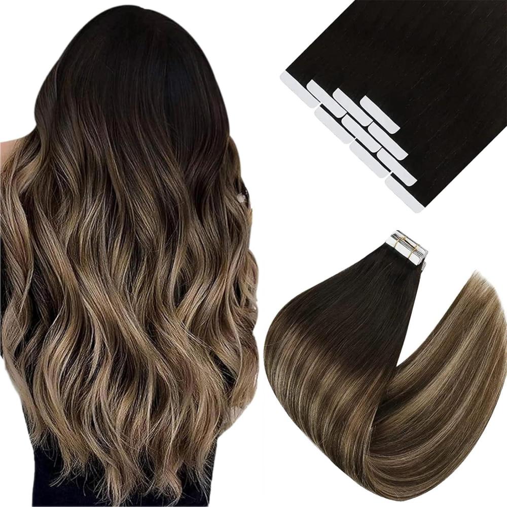 imageVe Sunny Tape in Hair Extensions Real Human Hair Invisible Remy Human Hair Straight Tape Ins Double Sided Natural Black Ombre Dark Brown Balayage Ash Blonde 12 inch 10Pcs