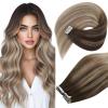 Ve Sunny Tape in Hair Extensions Human Hair 24 Inch Invisible Remy Hair Extensions Tape ins for Women Dark Brown Ombre Dark Golden Blonde Balayage Platinum Blonde Seamless Silky Soft 20Pcs 50G