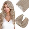Ve Sunny Tape in Hair Extensions Real Human Hair Invisible Remy Human Hair Straight Tape Ins Double Sided Cool Brown Ombre Light Brown Balayage Medium Blonde 16 inch 10Pcs 25G(1-D Tape-#18/613)