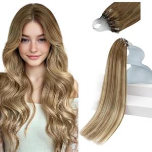 Sunny Hair 22inch Micro Link Hair Extensions Human Hair Ombre Ash Brown to Blonde Mix with Light Blonde Microbead Hair Extensions for Women 50g