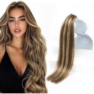 Sunny Hair Tape in Hair Extensions Human Hair 18 Inch Remy Hair Extensions Tape ins for Women Dark Brown Highlight Caramel Blonde Hair Extensions Real Human Hair Tape Ins 20Pcs 50g