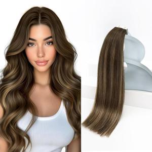 Sunny Hair Tape in Hair Extensions Real Human Hair Invisible Remy Hair Extensions Tape ins for Women Dark Brown Root to Caramel Blonde Balayage 20 inch 20Pcs 50G