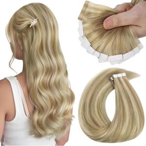 Sunny Hair Tape in Hair Extensions Real Human Hair Invisible Remy Hair Extensions Tape ins for Women Dark Honey Blonde Highlight Medium Blonde 18 inch 25G