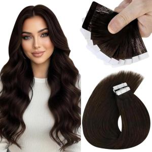 Sunny Hair Tape in Hair Extensions Real Human Hair Invisible Remy Hair Extensions Tape ins for Women Darkest Brown 14 inch 25G
