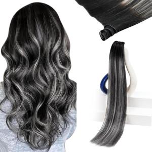 Sunny Hair Weft Hair Extensions Human Hair 18inch Sew in Hair Extensions Real Human Hair Highlights Human Hair Weft Extensions Dark Brown Mix Caramel Blonde Natural Hair Weft for Women 100g(C-#1B/S/1B Black Roots to Silver Grey)