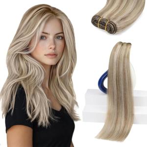 Sunny Hair Weft Hair Extensions Human Hair 18inch Sew in Hair Extensions Real Human Hair Highlights Human Hair Weft Extensions Dark Brown Mix Caramel Blonde Natural Hair Weft for Women 100g(C-#10/60-Light Blonde Highlights)