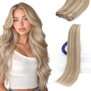 Sunny Hair Weft Hair Extensions Human Hair 18inch Sew in Hair Extensions Real Human Hair Highlights Human Hair Weft Extensions Dark Brown Mix Caramel Blonde Natural Hair Weft for Women 100g(B-#18/613-Ash Blonde Highlights)