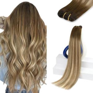 Sunny Hair Weft Hair Extensions Human Hair 18inch Sew in Hair Extensions Real Human Hair Highlights Human Hair Weft Extensions Dark Brown Mix Caramel Blonde Natural Hair Weft for Women 100g(C-#3/8/22-Cool Brown Ombre Light Brown Blonde)