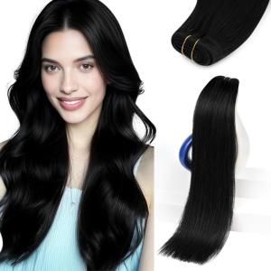 Sunny Hair Weft Hair Extensions Human Hair 18inch Sew in Hair Extensions Real Human Hair Highlights Human Hair Weft Extensions Dark Brown Mix Caramel Blonde Natural Hair Weft for Women 100g(A-#1-Jet Black)