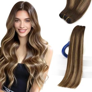 Sunny Hair Weft Hair Extensions Human Hair 18inch Sew in Hair Extensions Real Human Hair Highlights Human Hair Weft Extensions Dark Brown Mix Caramel Blonde Natural Hair Weft for Women 100g(B-#4/27/4-Dark Brown Balayage Caramel Blonde)