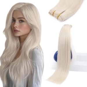 Sunny Hair Weft Hair Extensions Human Hair 18inch Sew in Hair Extensions Real Human Hair Highlights Human Hair Weft Extensions Dark Brown Mix Caramel Blonde Natural Hair Weft for Women 100g(B-#60-Platinum Blonde)