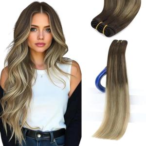 Sunny Hair Weft Hair Extensions Human Hair 18inch Sew in Hair Extensions Real Human Hair Highlights Human Hair Weft Extensions Dark Brown Mix Caramel Blonde Natural Hair Weft for Women 100g(C-#4/14/60-Dark Brown Roots to Blonde)