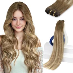 Sunny Hair Weft Hair Extensions Human Hair 18inch Sew in Hair Extensions Real Human Hair Highlights Human Hair Weft Extensions Dark Brown Mix Caramel Blonde Natural Hair Weft for Women 100g(B-#8/22/8-Light Brown Balayage Medium Blonde)