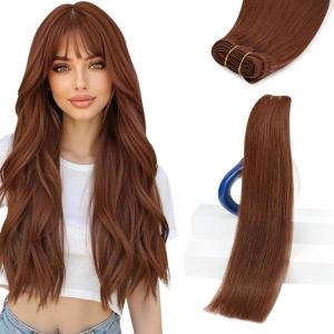 Sunny Hair Weft Hair Extensions Human Hair 18inch Sew in Hair Extensions Real Human Hair Highlights Human Hair Weft Extensions Dark Brown Mix Caramel Blonde Natural Hair Weft for Women 100g(C-#33-Auburn)