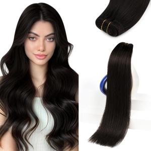 Sunny Hair Weft Hair Extensions Human Hair 18inch Sew in Hair Extensions Real Human Hair Highlights Human Hair Weft Extensions Dark Brown Mix Caramel Blonde Natural Hair Weft for Women 100g(C-#2-Darkest Brown)