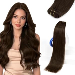 Sunny Hair Weft Hair Extensions Human Hair 18inch Sew in Hair Extensions Real Human Hair Highlights Human Hair Weft Extensions Dark Brown Mix Caramel Blonde Natural Hair Weft for Women 100g(C-#4-Dark Brown)