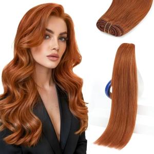 Sunny Hair Weft Hair Extensions Human Hair 18inch Sew in Hair Extensions Real Human Hair Highlights Human Hair Weft Extensions Dark Brown Mix Caramel Blonde Natural Hair Weft for Women 100g(C-#350-Copper)