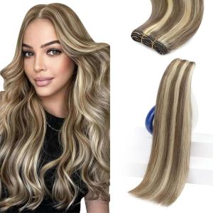 Sunny Hair Weft Hair Extensions Human Hair 18inch Sew in Hair Extensions Real Human Hair Highlights Human Hair Weft Extensions Dark Brown Mix Caramel Blonde Natural Hair Weft for Women 100g(C-#8P/60-Light Brown Highlight)