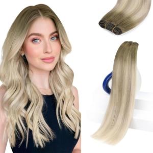 Sunny Hair Weft Hair Extensions Human Hair 18inch Sew in Hair Extensions Real Human Hair Highlights Human Hair Weft Extensions Dark Brown Mix Caramel Blonde Natural Hair Weft for Women 100g(C-#Sun18/60/60A-Ash Blonde Ombre)