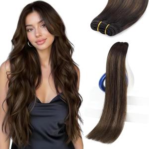 Sunny Hair Weft Hair Extensions Human Hair 18inch Sew in Hair Extensions Real Human Hair Highlights Human Hair Weft Extensions Dark Brown Mix Caramel Blonde Natural Hair Weft for Women 100g(B-#2/6/2-Darkest Brown Balayage)
