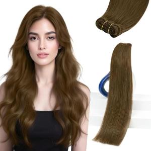 Sunny Hair Weft Hair Extensions Human Hair 18inch Sew in Hair Extensions Real Human Hair Highlights Human Hair Weft Extensions Dark Brown Mix Caramel Blonde Natural Hair Weft for Women 100g(C-#3-Cool Brown)