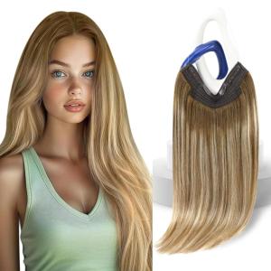 Sunny Hair Wire Hair Extensions Real Human Hair Fish Line Human Hair Extensions Invisible Wire Extensions Golden Blonde with Medium Blonde Highlights #16/22 18 Inch(B-1 #6/60/6)